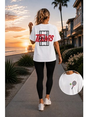 Vodexa Unisex Oversize Tennis Baskılı T-Shirt %100 Pamuk Tenis Temalı Rahat Kalıp Kısa Kollu Tişört