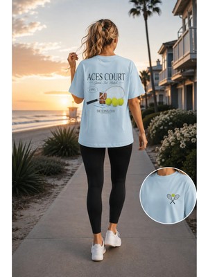 Vodexa Unisex Oversize Tennis Baskılı T-Shirt %100 Pamuk Tenis Temalı Rahat Kalıp Kısa Kollu Tişört