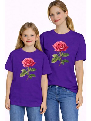 Vodexa Anne Kız Çocuk Kombin Oversize Tişört Twin T-Shirt Kırmızı Gül Baskılı
