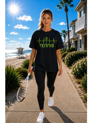 Vodexa Unisex Oversize Tennis Baskılı T-Shirt %100 Pamuk Tenis Temalı Rahat Kalıp Kısa Kollu Tişört