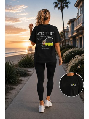 Vodexa Unisex Oversize Tennis Baskılı T-Shirt %100 Pamuk Tenis Temalı Rahat Kalıp Kısa Kollu Tişört