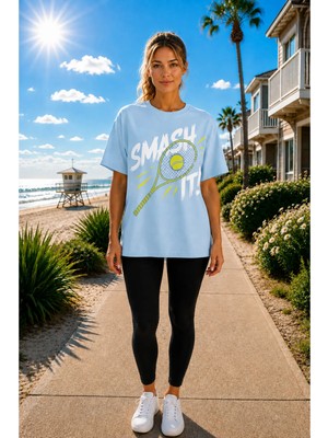 Vodexa Unisex Oversize Tennis Baskılı T-Shirt %100 Pamuk Tenis Temalı Rahat Kalıp Kısa Kollu Tişört