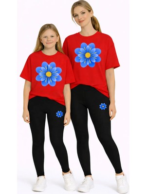Vodexa Anne Kız Çocuk Kombin Oversize Tişört Twin T-Shirt Mavi Sarı Çiçek Baskılı
