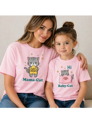 Vodexa Anne Kız Baby Cat Oversize Tişört Twin T-Shirt %100 Pamuk Rahat Kalıp