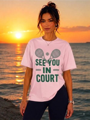Vodexa Unisex Oversize Tennis Baskılı T-Shirt %100 Pamuk Tenis Temalı Rahat Kalıp Kısa Kollu Tişört