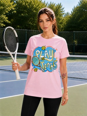 Vodexa Unisex Oversize Tennis Baskılı T-Shirt %100 Pamuk Tenis Temalı Rahat Kalıp Kısa Kollu Tişört