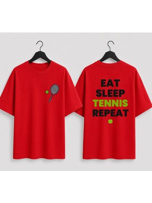 Vodexa Unisex Oversize Tennis Baskılı T-Shirt %100 Pamuk Tenis Temalı Rahat Kalıp Kısa Kollu Tişört