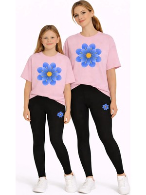 Vodexa Anne Kız Çocuk Kombin Oversize Tişört Twin T-Shirt Mavi Sarı Çiçek Baskılı