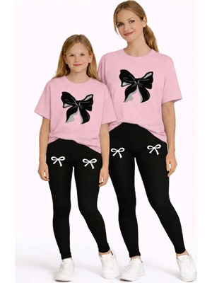 Vodexa Anne Kız Çocuk Kombin Oversize Tişört Twin T-Shirt Siyah Kurdela Baskılı