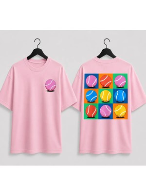 Vodexa Unisex Oversize Tennis Baskılı T-Shirt %100 Pamuk Tenis Temalı Rahat Kalıp Kısa Kollu Tişört
