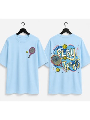 Vodexa Unisex Oversize Tennis Baskılı T-Shirt %100 Pamuk Tenis Temalı Rahat Kalıp Kısa Kollu Tişört