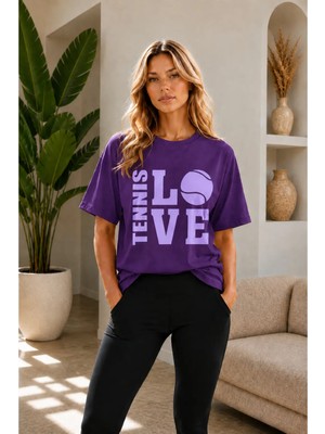Vodexa Unisex Oversize Tennis Baskılı T-Shirt %100 Pamuk Tenis Temalı Rahat Kalıp Kısa Kollu Tişört