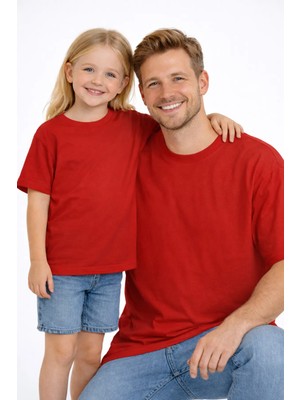 Vodexa Baba Kız Çocuk Kombin Oversize Tişört Twin T-Shirt Sade. Baskılı