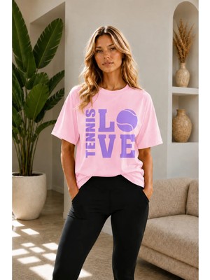 Vodexa Unisex Oversize Tennis Baskılı T-Shirt %100 Pamuk Tenis Temalı Rahat Kalıp Kısa Kollu Tişört