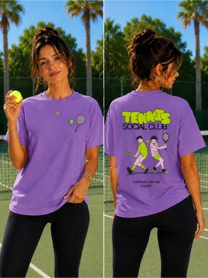 Vodexa Unisex Oversize Tennis Baskılı T-Shirt %100 Pamuk Tenis Temalı Rahat Kalıp Kısa Kollu Tişört