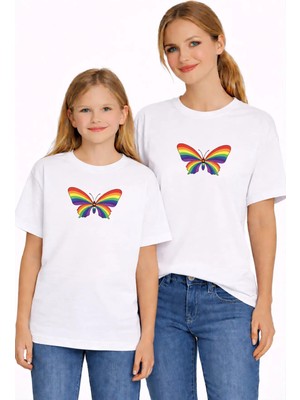 Vodexa Anne Kız Çocuk Kombin Oversize Tişört Twin T-Shirt Renkli Kelebek Baskılı
