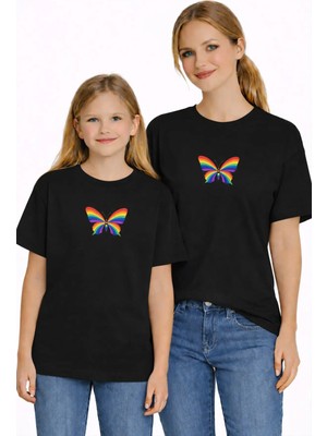Vodexa Anne Kız Çocuk Kombin Oversize Tişört Twin T-Shirt Renkli Kelebek Baskılı