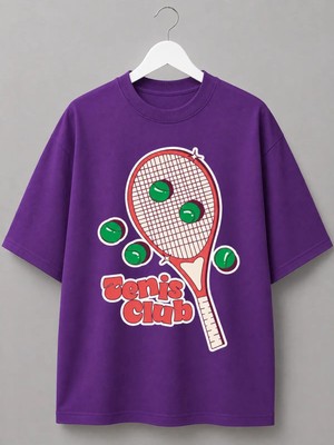 Vodexa Unisex Oversize Tennis Baskılı T-Shirt %100 Pamuk Tenis Temalı Rahat Kalıp Kısa Kollu Tişört