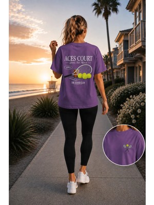 Vodexa Unisex Oversize Tennis Baskılı T-Shirt %100 Pamuk Tenis Temalı Rahat Kalıp Kısa Kollu Tişört