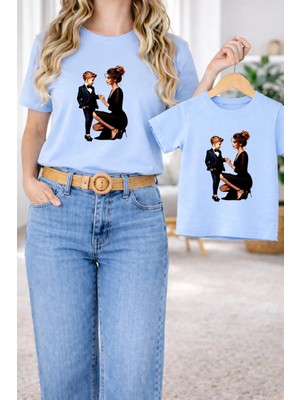 Vodexa Anne Oğul Kombin Oversize Tişört Twin T-Shirt %100 Pamuk Rahat Kalıp