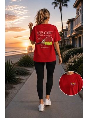 Vodexa Unisex Oversize Tennis Baskılı T-Shirt %100 Pamuk Tenis Temalı Rahat Kalıp Kısa Kollu Tişört