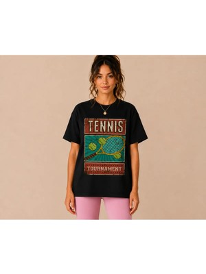Vodexa Unisex Oversize Tennis Baskılı T-Shirt %100 Pamuk Tenis Temalı Rahat Kalıp Kısa Kollu Tişört