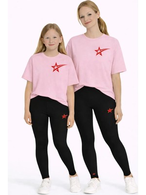 Vodexa Anne Kız Çocuk Kombin Oversize Tişört Twin T-Shirt Kuyruklu Yıldız Baskılı