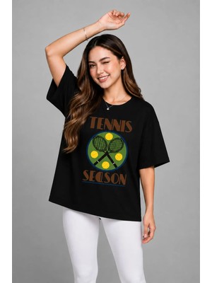 Vodexa Unisex Oversize Tennis Baskılı T-Shirt %100 Pamuk Tenis Temalı Rahat Kalıp Kısa Kollu Tişört