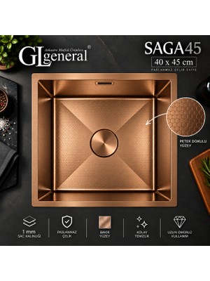 GL General General Saga 45 Paslanmaz Çelik Mutfak Eviyesi 40X45 cm 1 mm Petek Dokulu Tek Göz Eviye + Sifon