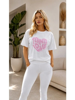 Vodexa Unisex Oversize Tennis Baskılı T-Shirt %100 Pamuk Tenis Temalı Rahat Kalıp Kısa Kollu Tişört