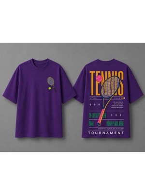 Vodexa Unisex Oversize Tennis Baskılı T-Shirt %100 Pamuk Tenis Temalı Rahat Kalıp Kısa Kollu Tişört