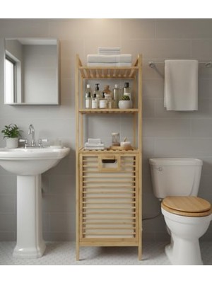 Kazan Hobi %100 Doğal Bambu 3 Raflı Banyo Düzenleyici Dolap ve Kirli Çamaşır Sepeti