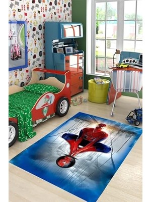 Kazan Hobi Kırmızı Kostümlü Adam Desenli Dijital Baskı Yıkanabilir Kaymaz Taban Çocuk Genç Odası Halısı, Kırmızı-Mavi 160 x 230