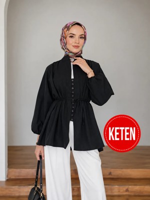 Moonsc Kadın Rahat Kalıp Nervürlü Siyah Keten Tesettür Gömlek