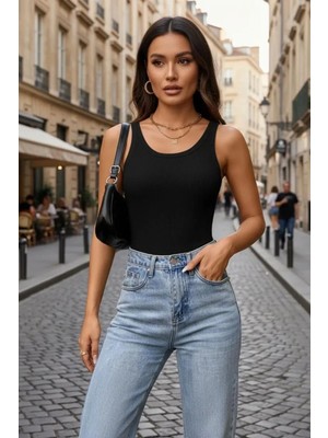 Pileli Store Kadın Siyah Kolsuz Kalın Askılı Uzun Crop Top Bluz & Atlet Modern Basic Üst