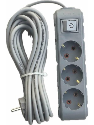 Kazan Hobi 3'lü Anahtarlı Grup Priz 5 Metre 16A 250V, Üçlü Topraklı Uzatma Kablosu 5 Metre Gri Renk