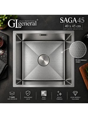 GL General General Saga 45 Paslanmaz Çelik Mutfak Eviyesi 40X45 cm 1 mm Petek Dokulu Tek Göz Eviye + Sifon