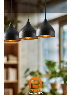 Kazan Hobi Amber LED Şık Metal Gövdeli 3'lü Sarkıt Avize, Mutfak ve Salon Için E27 Uyumlu, SIYAH-6211