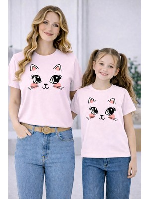 Vodexa Anne Ünisex Çocuk Kombin Oversize Tişört Twin T-Shirt Gülümseyen Yüz Baskılı