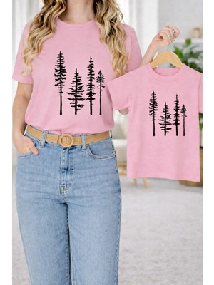 Vodexa Anne Ünisex Çocuk Kombin Oversize Tişört Twin T-Shirt Çam Agaçları Baskılı Tekli