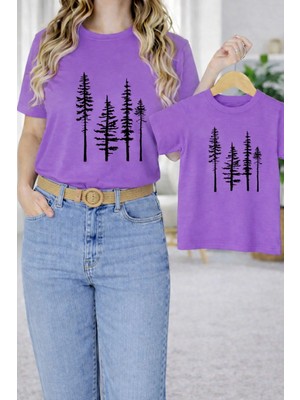 Vodexa Anne Ünisex Çocuk Kombin Oversize Tişört Twin T-Shirt Çam Agaçları Baskılı Tekli