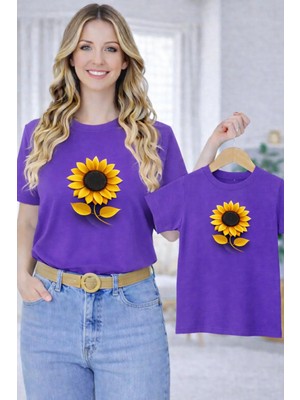 Vodexa Anne Ünisex Çocuk Kombin Oversize Tişört Twin T-Shirt Sarı Çiçek Baskılı Tekli