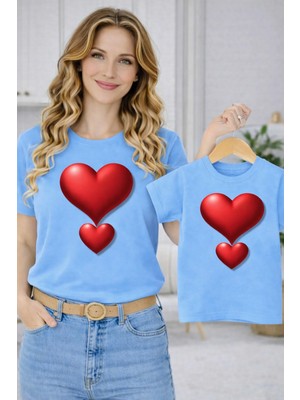Vodexa Anne Ünisex Çocuk Kombin Oversize Tişört Twin T-Shirt Çift Kalp Baskılı
