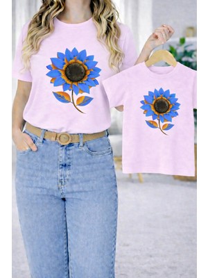 Vodexa Anne Ünisex Çocuk Kombin Oversize Tişört Twin T-Shirt Mavi Çiçekler Baskılı