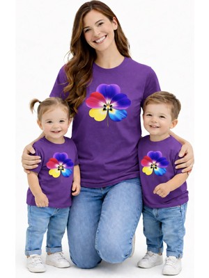 Vodexa Anne Ünisex Çocuk Kombin Oversize Tişört Twin T-Shirt Renkli Çiçek Baskılı