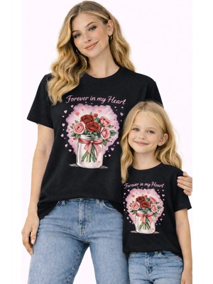 Vodexa Anne Kız Çocuk Kombin Oversize Tişört – Anne & Çocuk Twin T-Shirt Çiçekli Kız Baskılı