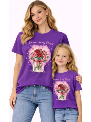 Vodexa Anne Kız Çocuk Kombin Oversize Tişört – Anne & Çocuk Twin T-Shirt Çiçekli Kız Baskılı
