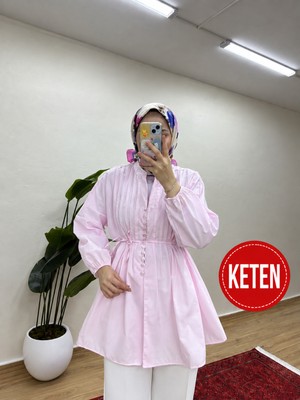 Moonsc Kadın Rahat Kalıp Nervürlü Pembe Keten Tesettür Gömlek