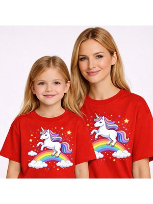 Vodexa Anne Kız Çocuk Kombin Oversize Tişört – Anne Çocuk Twin T-Shirt Unicorn Baskılı