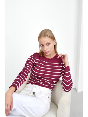 İmaj Butik Bordo Fitilli Simit Yaka Çizgili Triko Body Kazak